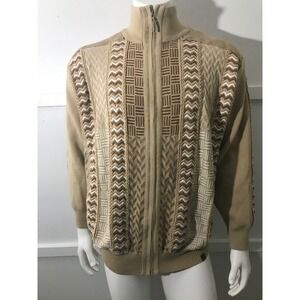 SilverSilk Mens Full Zip Up Cardigan Geometric Pattern Tan Knit Sweater Size XL